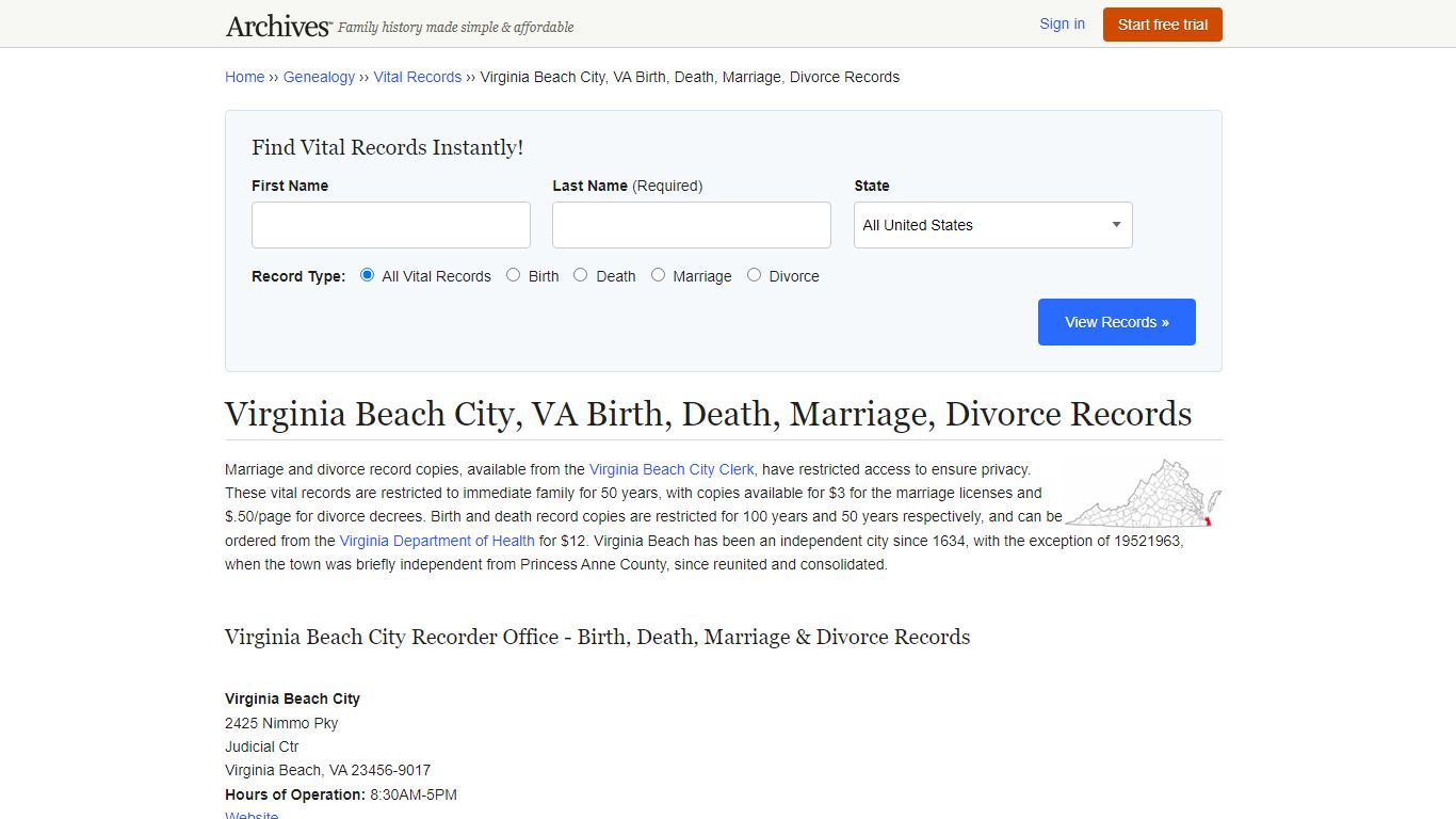 Virginia Beach City, VA Birth, Death, Marriage, Divorce ...